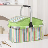 Bergerac 27L foldable insulated picnic basket with green striped lining and aluminium handles