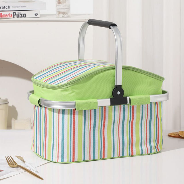 Bergerac 27L foldable insulated picnic basket with green striped lining and aluminium handles