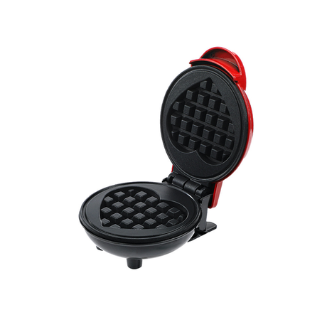 Red mini electric waffle maker with heart shaped plate, closed