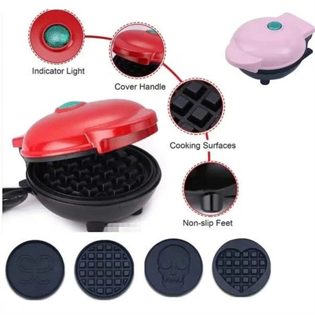 Batter being poured into the heart shaped mini waffle maker