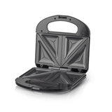 Sandwich press opened to show triangular non stick cooking plates