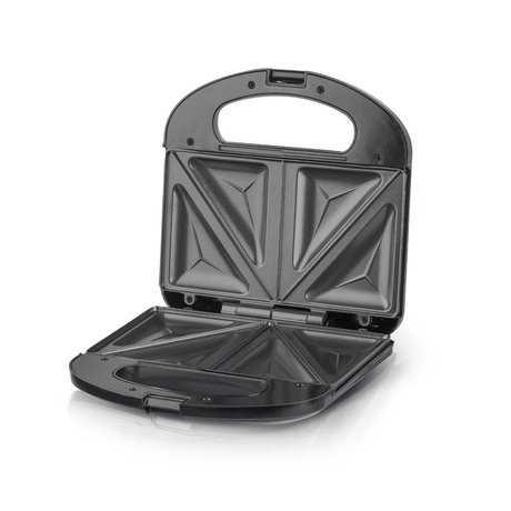 Sandwich press opened to show triangular non stick cooking plates