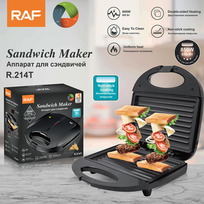 Electric steak grill press with ribbed non stick plates, front view