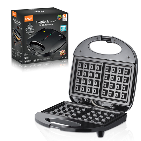 Waffle maker open showing grid non stick plates