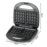 Batter being poured into waffle maker grid plates