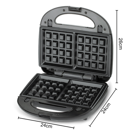Batter being poured into waffle maker grid plates