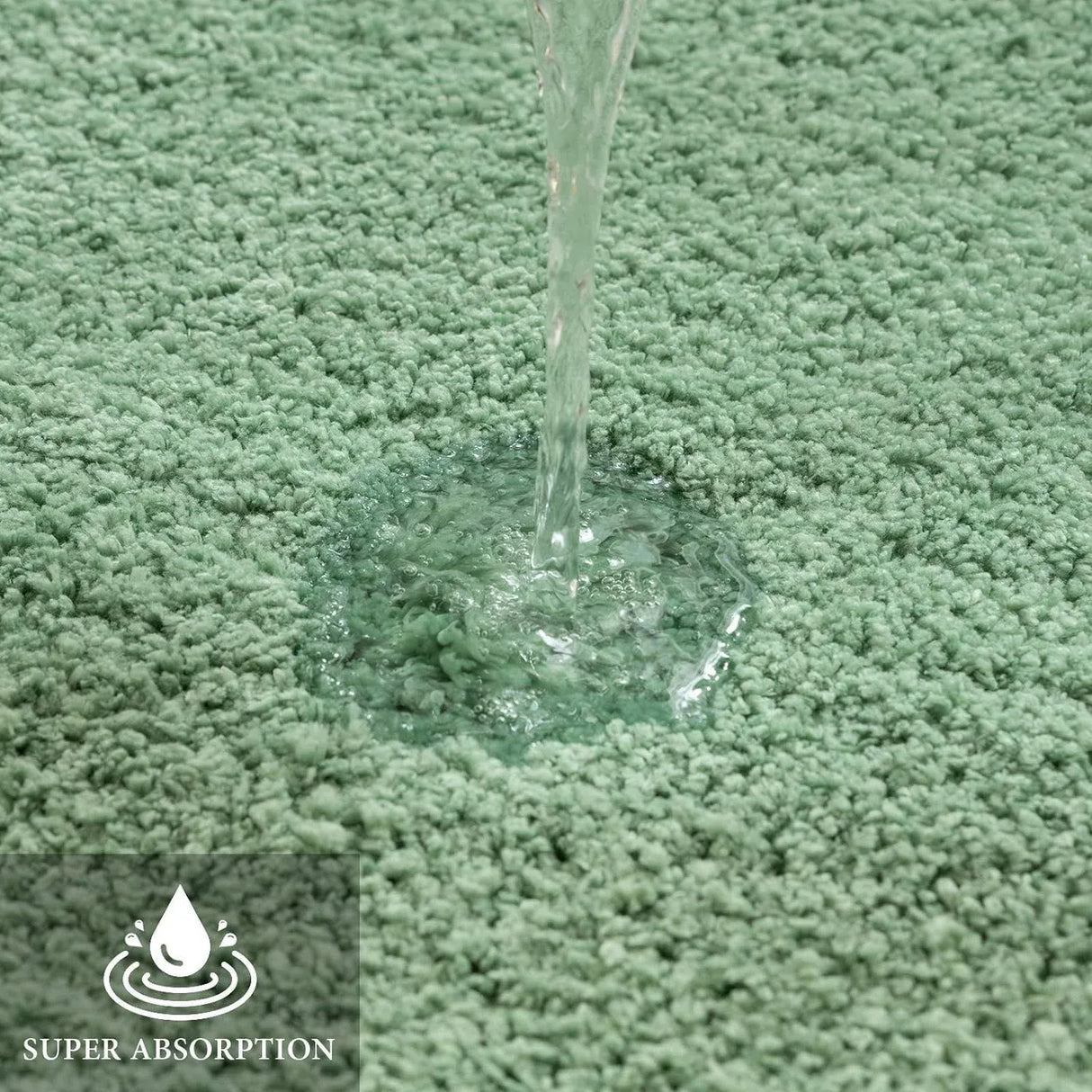 U shaped sage green contour rug fitted around the base of a toilet