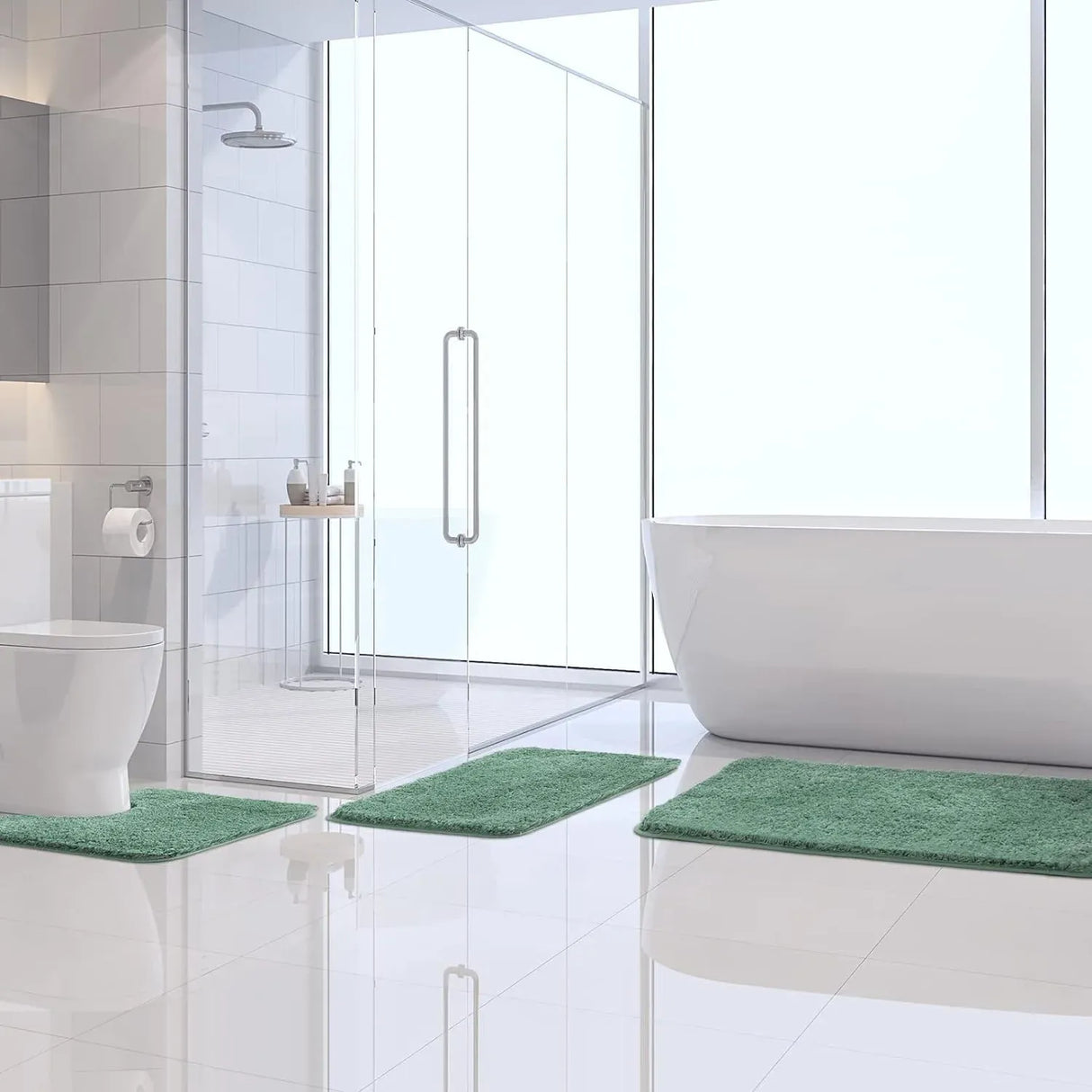 Small sage green microfibre bath mat, 41 x 61 cm, beside a vanity