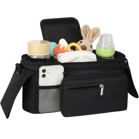 Universal Stroller Organiser with Insulated Cup Holders Black