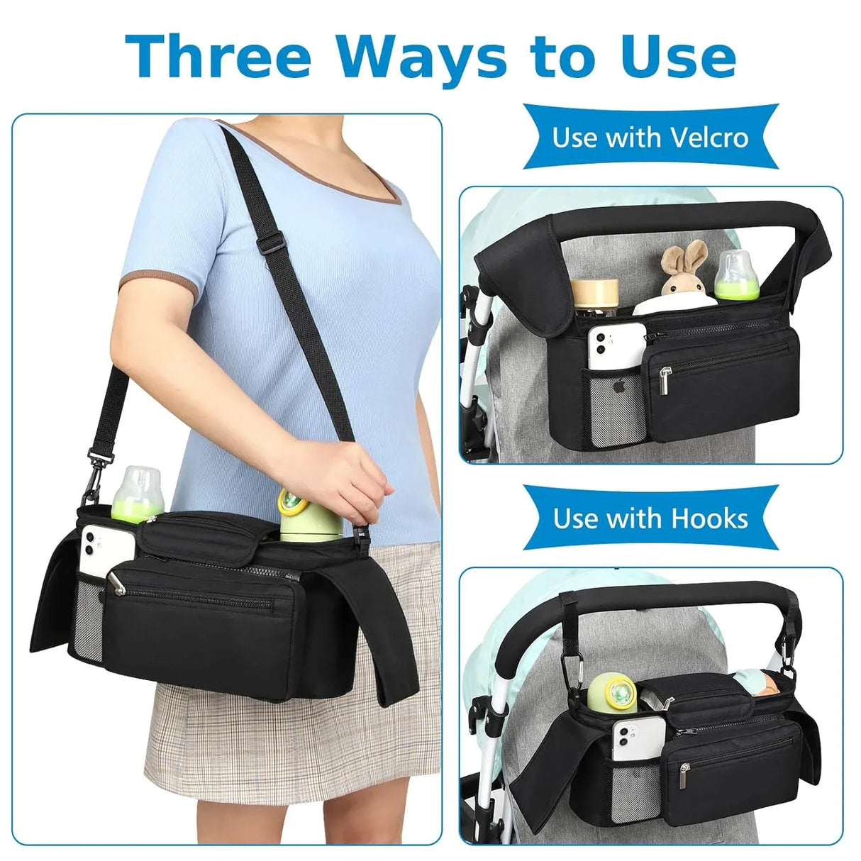 Universal Stroller Organiser with Insulated Cup Holders Black