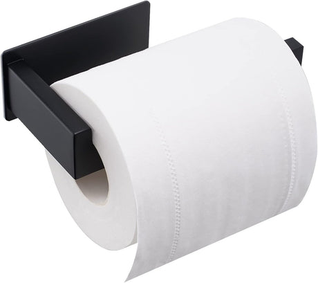 Compact black stainless steel toilet paper holder with adhesive mounting
