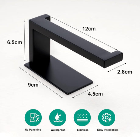 Black adhesive roll holder fixed to a tiled wall with no drilling