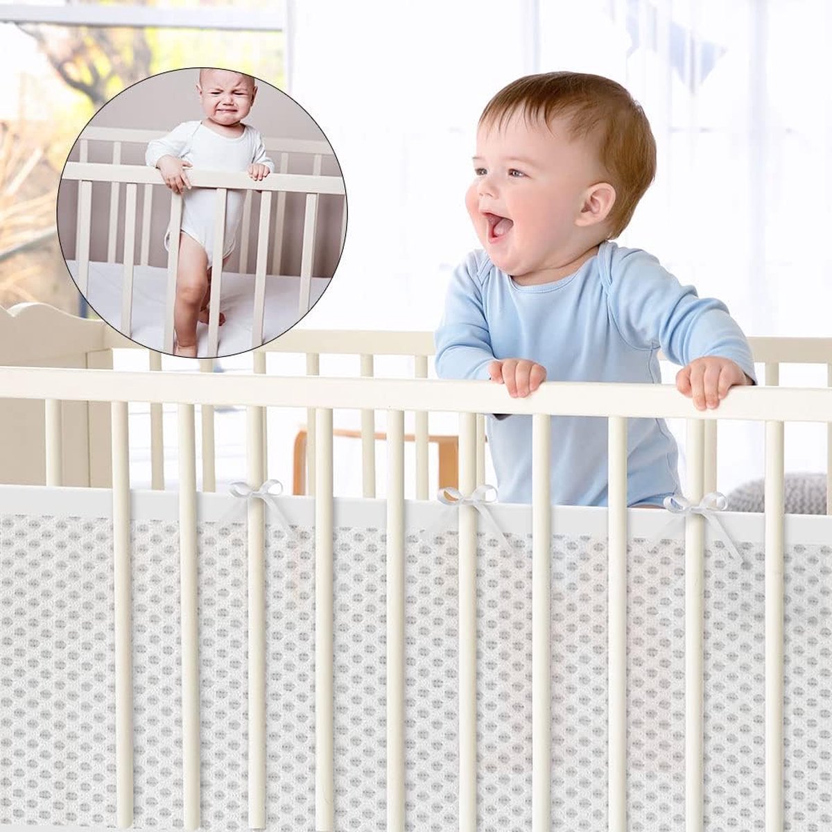 Baby crib bumper set in white breathable mesh
