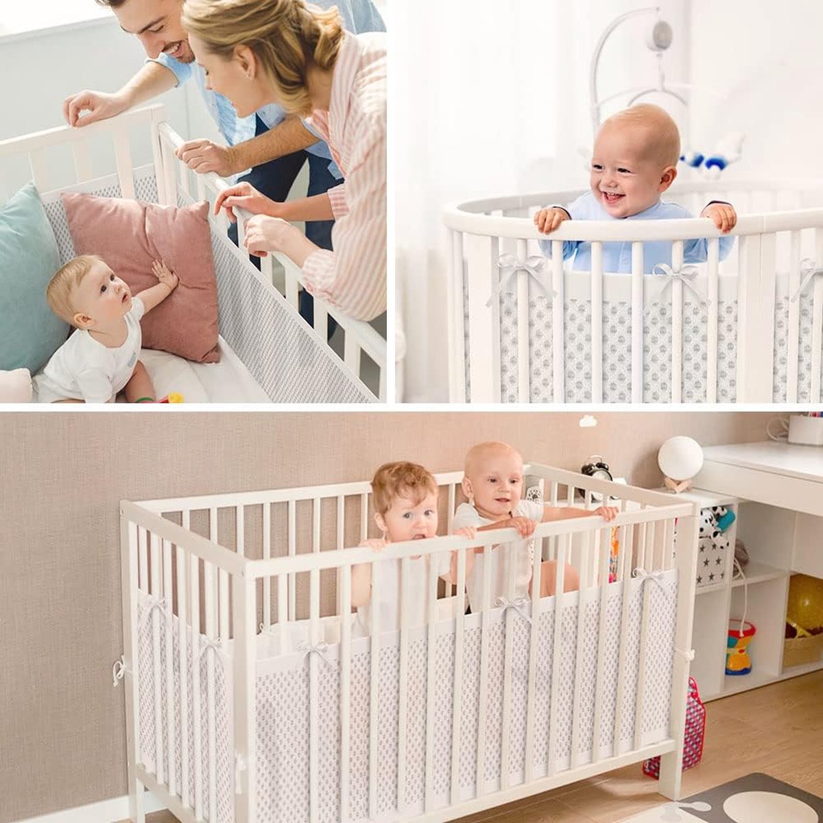 Baby crib bumper set in white breathable mesh