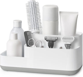 Nora freestanding toothbrush holder in white with seven compartments and drip tray