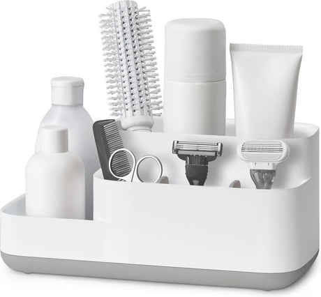 White freestanding toothbrush holder and bathroom organiser with drip tray