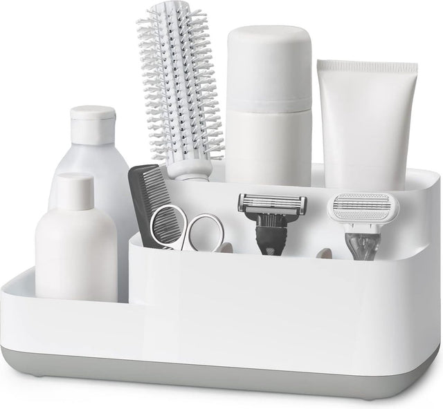 Nora freestanding toothbrush holder in white with seven compartments and drip tray
