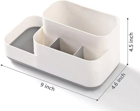 White organiser on a vanity holding toothbrushes, cosmetics and grooming tools