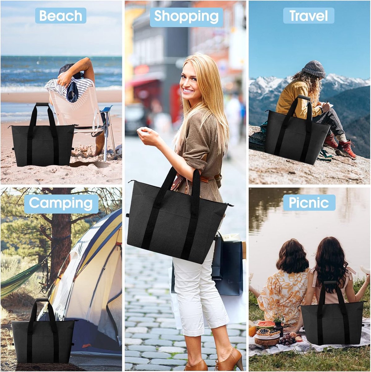 Kianinny Foldable Insulated Cooler Bag, 20L, Black
