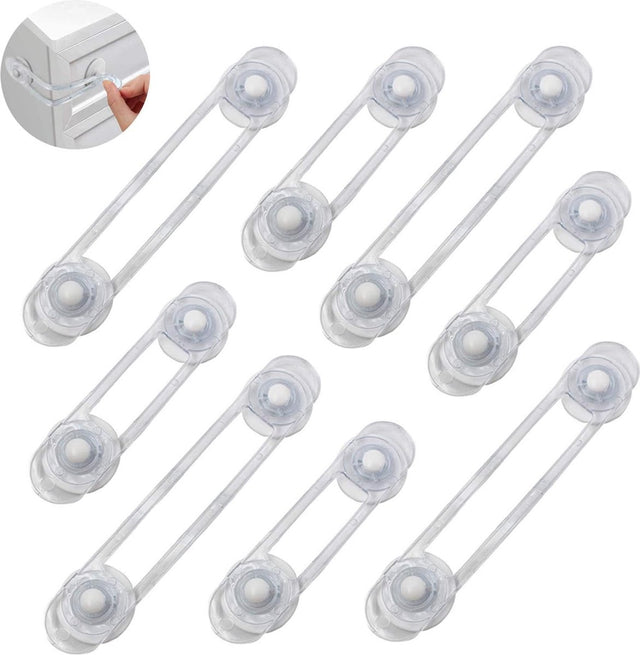 Set of clear self adhesive child safety cabinet locks for drawers and cupboards