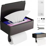 Adhesive pad and screw fixings shown for the black toilet roll holder with shelf