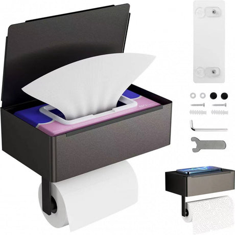 Adhesive pad and screw fixings shown for the black toilet roll holder with shelf