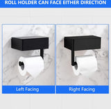 Black shelf toilet roll holder mounted on a tiled bathroom wall beside a toilet