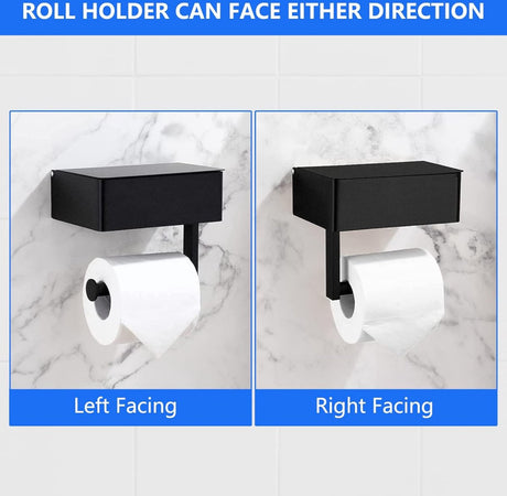 Black shelf toilet roll holder mounted on a tiled bathroom wall beside a toilet