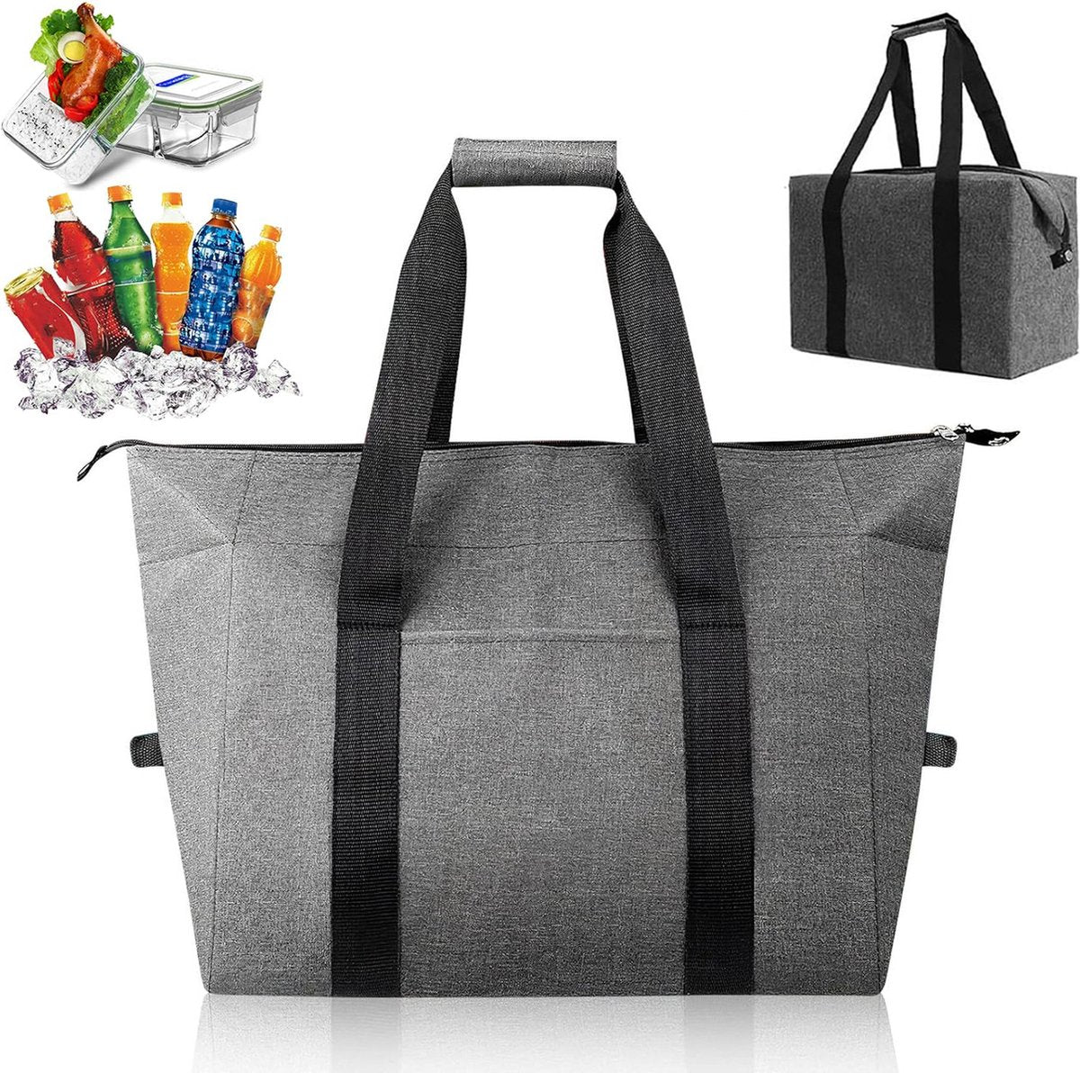 Grey foldable insulated cooler bag with shoulder strap for picnics