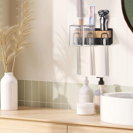 Adhesive mounting pad on the back of the stainless steel toothbrush holder