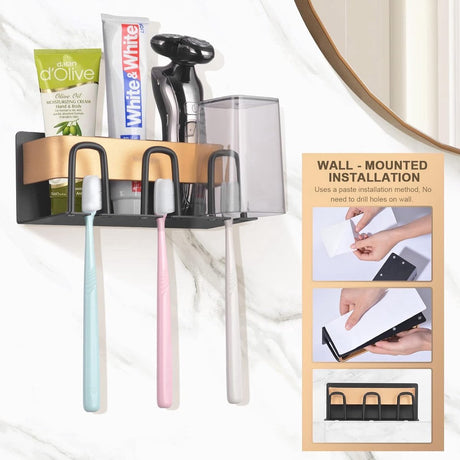 Stainless steel toothbrush holder shown at 20cm tall beside a bathroom mirror