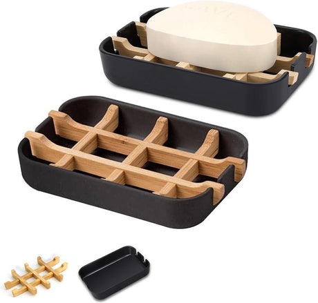 Two pack of black bamboo soap dishes with grid drainage racks and catch trays