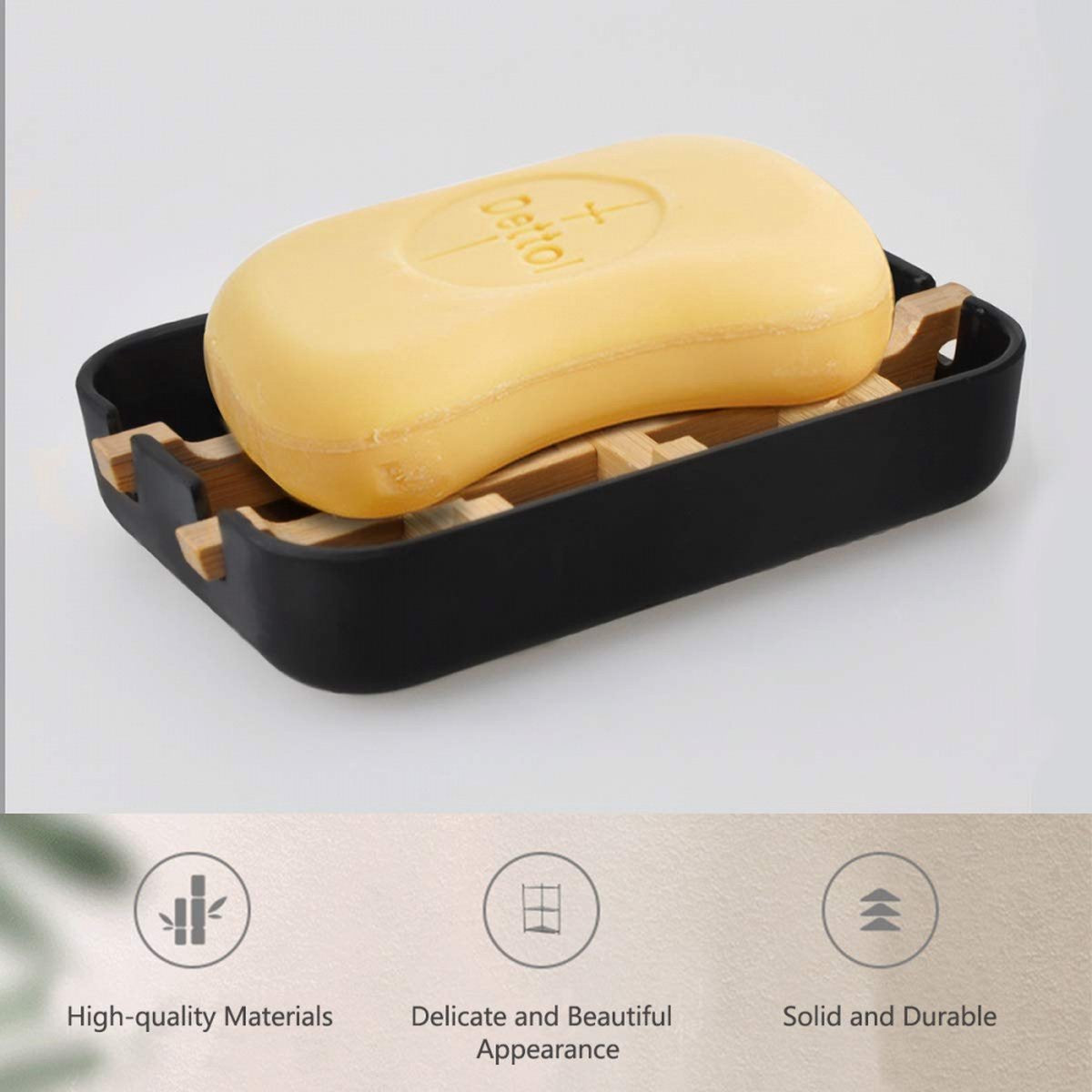 Removable catch tray sliding out from under the bamboo soap dish