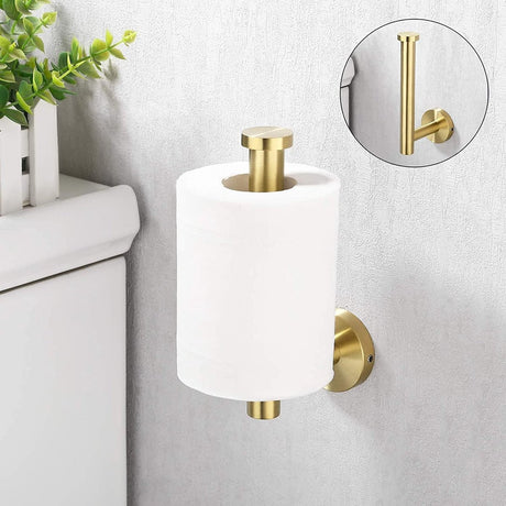 Gold toilet roll holder fitted vertically to make use of a narrow wall space