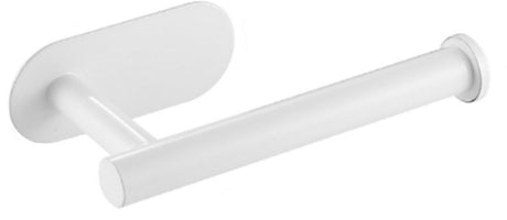 White stainless steel adhesive toilet roll holder with a rounded open arm