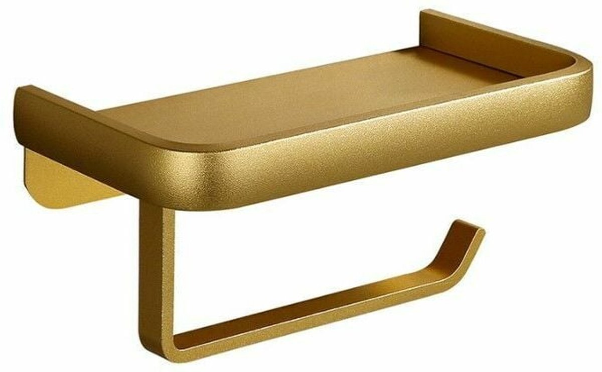 Gold space aluminium toilet roll holder with a double layer shelf above the roll bar