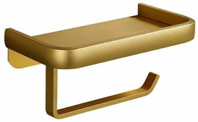 Gold space aluminium toilet roll holder with a double layer shelf above the roll bar