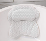 White air mesh bath pillow with ergonomic contour for head and neck support