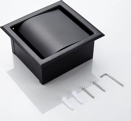 Toilet roll loaded into the black stainless steel built in holder