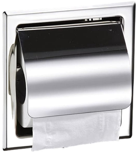 Built in stainless steel toilet roll holder with a hinged cover flap in a silver finish