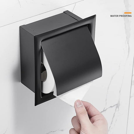 Dimension view of the built in toilet roll holder measuring 16.4 by 15.4 by 7.4 cm