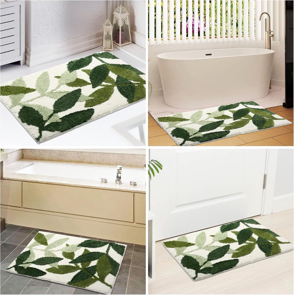 Green leaf print bath mat laid on a tiled bathroom floor