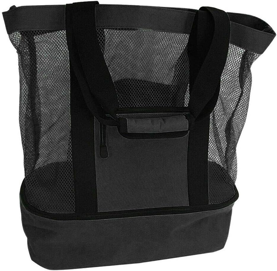 Black mesh beach tote with detachable insulated cooler compartment