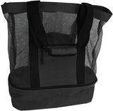 Black mesh beach tote with detachable insulated cooler compartment