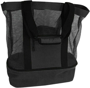 Black mesh beach tote with detachable insulated cooler compartment