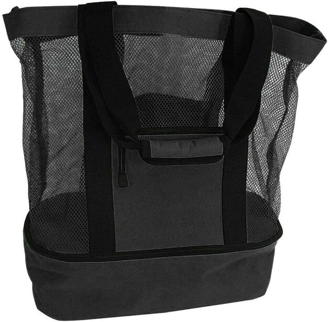 Black mesh beach tote with detachable insulated cooler compartment
