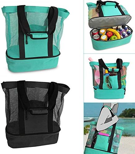Mystery Bay Mesh Beach Tote Bag with Insulated Cooler Compartment, Black