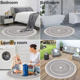 Close-up of woven cotton texture on grey round rug