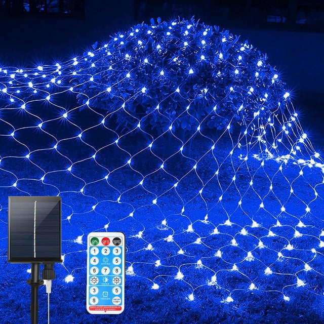 Solar Net Mesh String Lights 192 LED Outdoor Waterproof with Remote Blue — Allure Home Collections