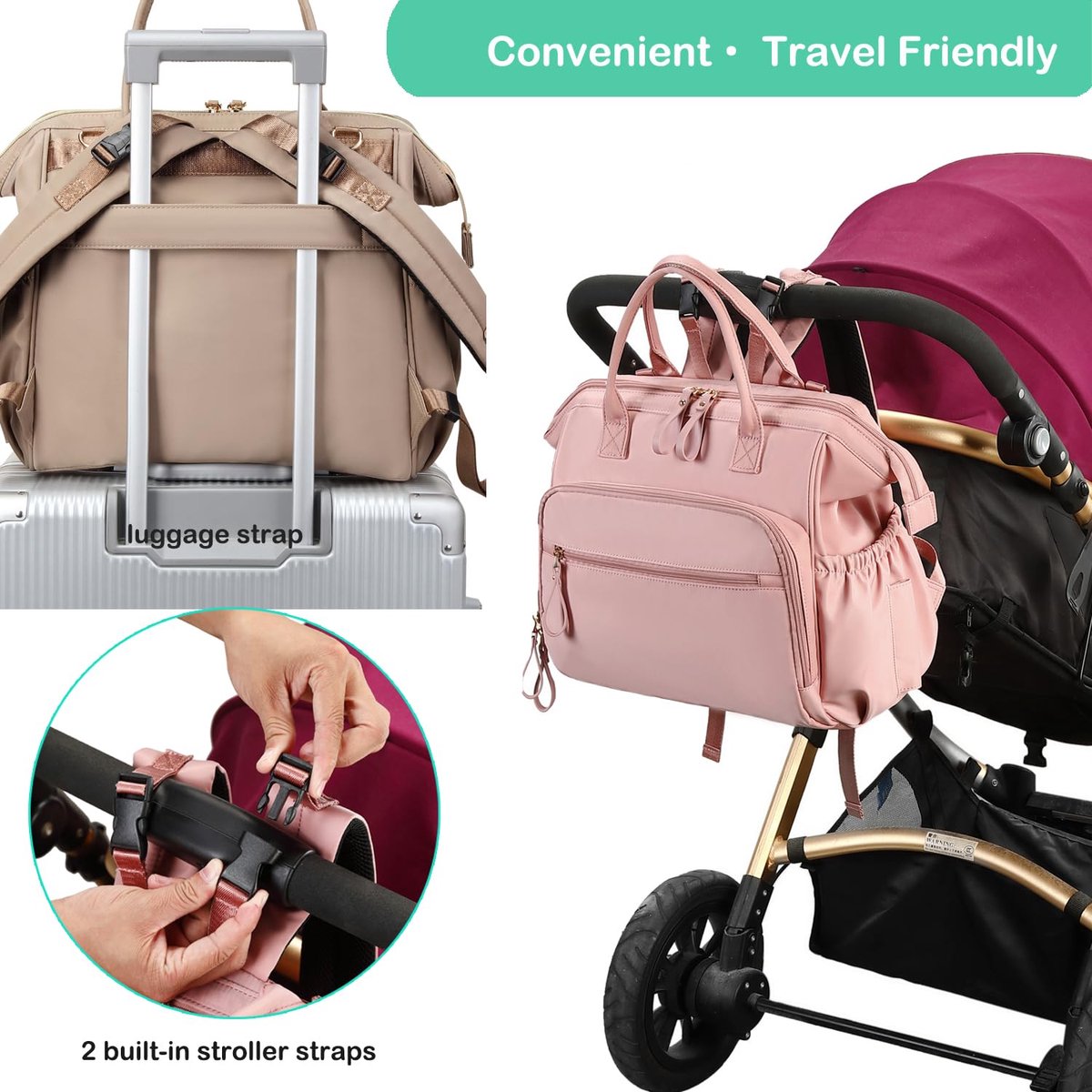 Convertible Nappy Backpack with Stroller Clip, 14 Pockets, Off White
